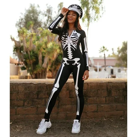 Women's White Skeleton Form Fitting Bodysuits Halloween Sexy Skeleton Costume - Picture 4 of 7